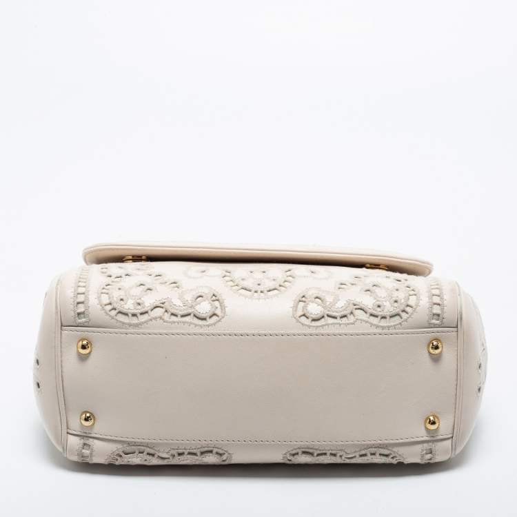 Pre Owned Dolce & Gabbana Off White Floral Cut Out Leather Medium Miss Sicily Top Handle Bag