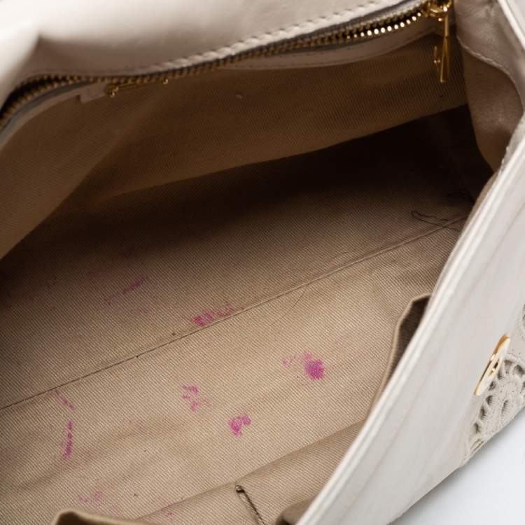 Pre Owned Dolce & Gabbana Off White Floral Cut Out Leather Medium Miss Sicily Top Handle Bag