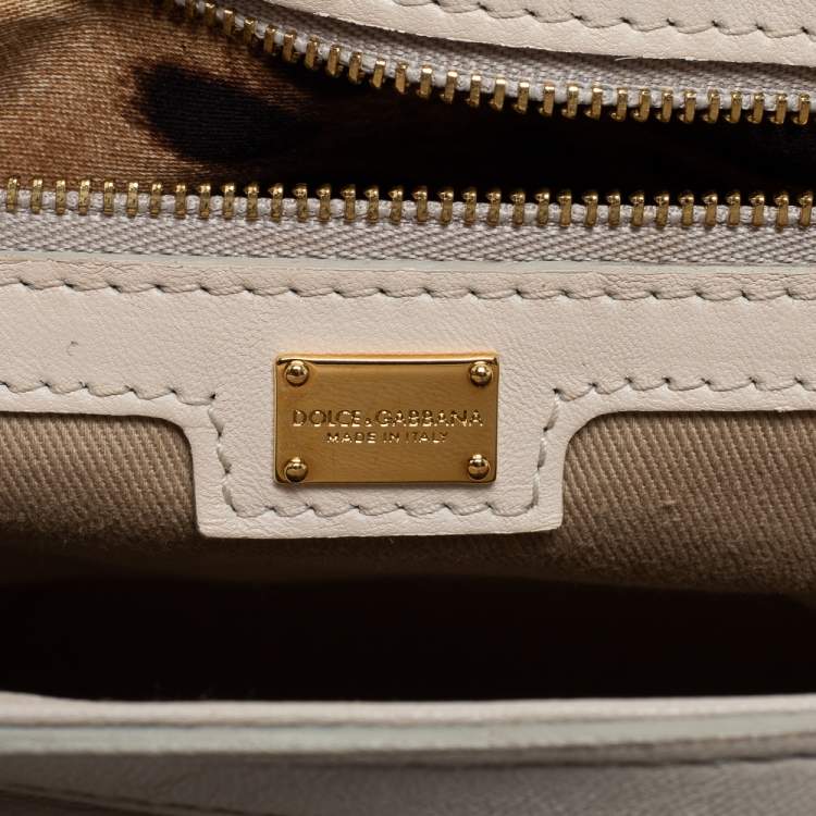 Pre Owned Dolce & Gabbana Off White Floral Cut Out Leather Medium Miss Sicily Top Handle Bag