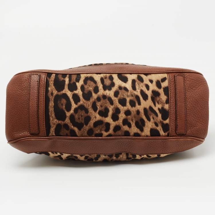 Pre Owned Dolce & Gabbana Brown Leopard Print Canvas and Leather Animalier Zip satchel 