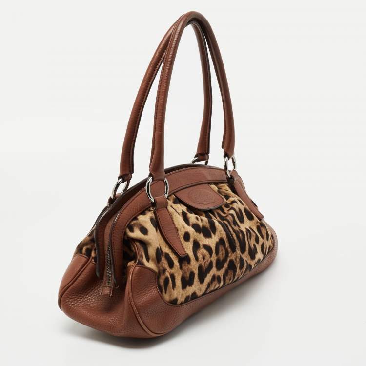 Pre Owned Dolce & Gabbana Brown Leopard Print Canvas and Leather Animalier Zip satchel 