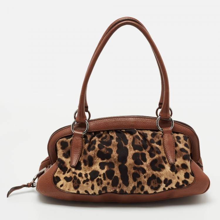 Pre Owned Dolce & Gabbana Brown Leopard Print Canvas and Leather Animalier Zip satchel 