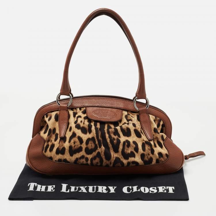 Pre Owned Dolce & Gabbana Brown Leopard Print Canvas and Leather Animalier Zip satchel 