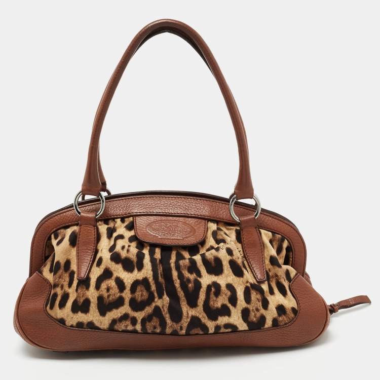 Pre Owned Dolce & Gabbana Brown Leopard Print Canvas and Leather Animalier Zip satchel 