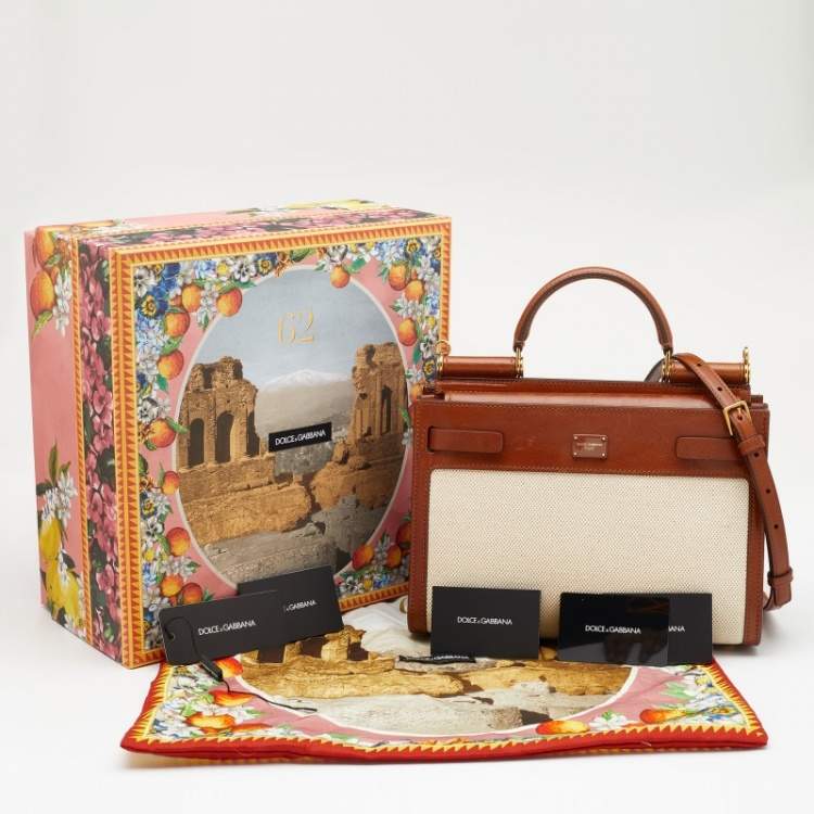 مملوكة مسبقًا Dolce & Gabbana Brown/Cream Canvas and Leather Sicily 62 Medium Top Handle Bag