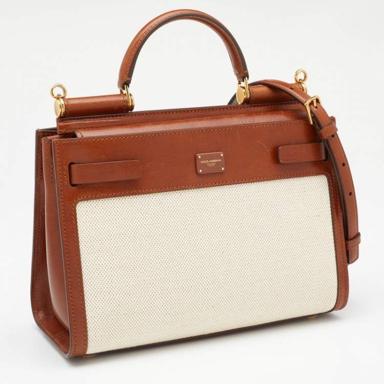 مملوكة مسبقًا Dolce & Gabbana Brown/Cream Canvas and Leather Sicily 62 Medium Top Handle Bag