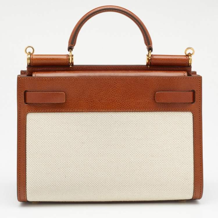 مملوكة مسبقًا Dolce & Gabbana Brown/Cream Canvas and Leather Sicily 62 Medium Top Handle Bag