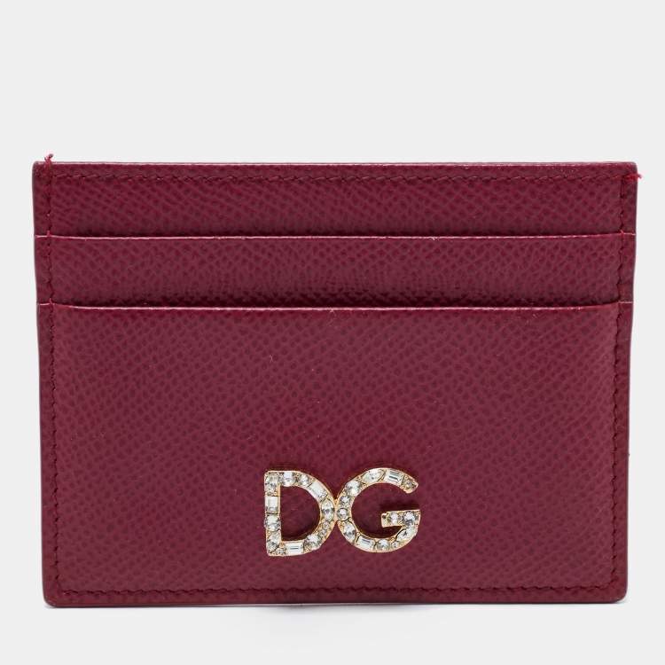 Pre Owned Dolce & Gabbana Burgundy Leather Crystal Embellished Logo Card Holder