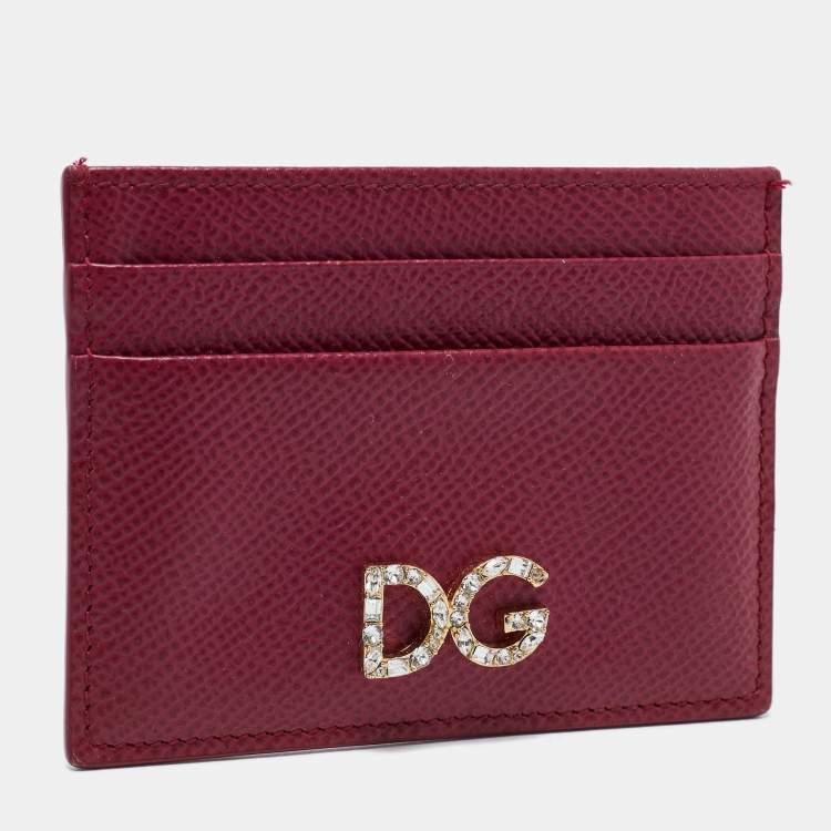 Pre Owned Dolce & Gabbana Burgundy Leather Crystal Embellished Logo Card Holder