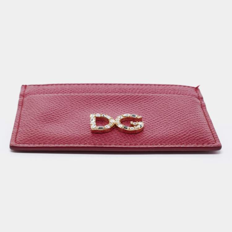 Pre Owned Dolce & Gabbana Burgundy Leather Crystal Embellished Logo Card Holder
