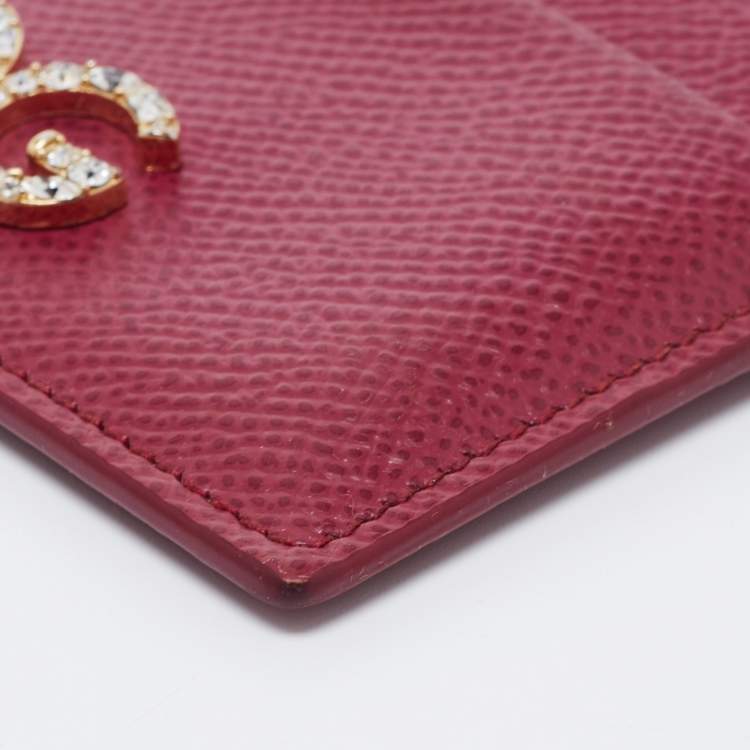Pre Owned Dolce & Gabbana Burgundy Leather Crystal Embellished Logo Card Holder