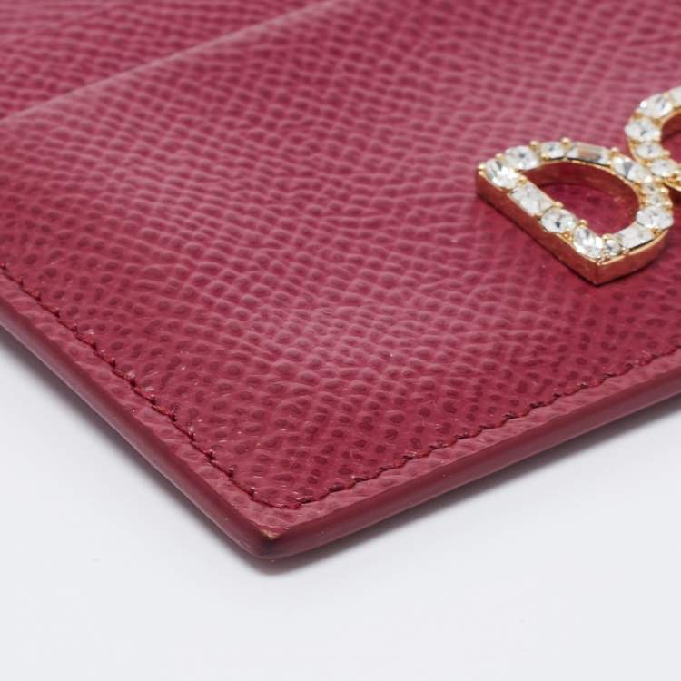 Pre Owned Dolce & Gabbana Burgundy Leather Crystal Embellished Logo Card Holder