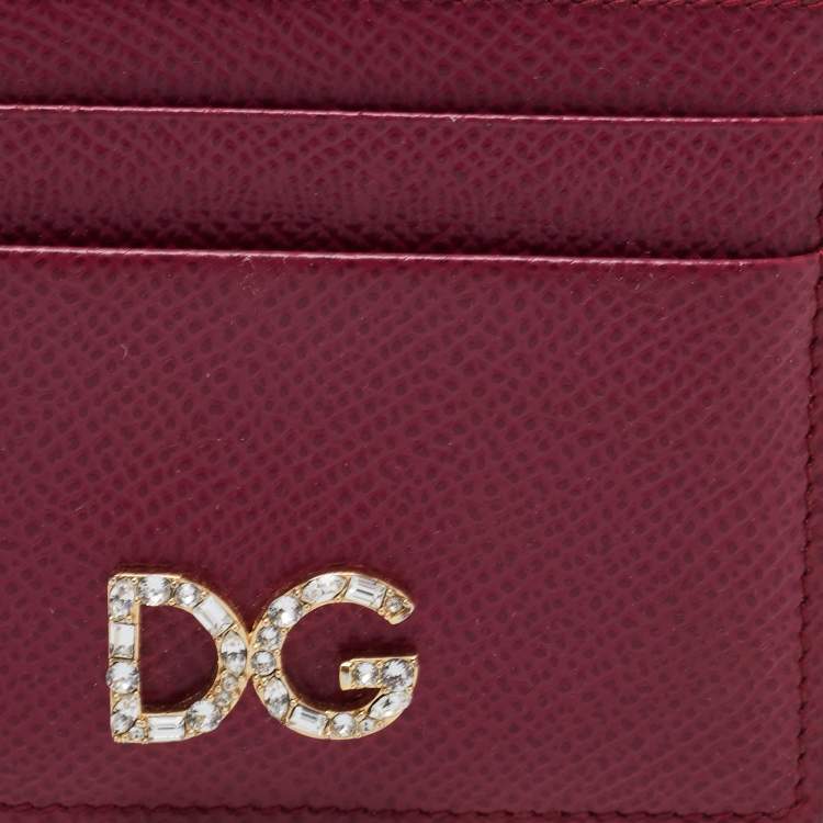 Pre Owned Dolce & Gabbana Burgundy Leather Crystal Embellished Logo Card Holder