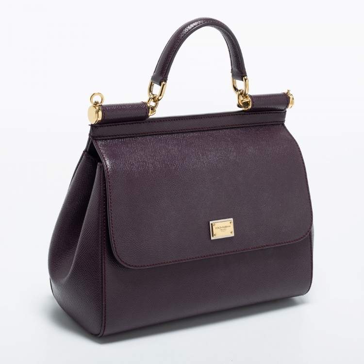 Pre Owned Dolce & Gabbana Plum Leather Medium Miss Sicily Top Handle Bag