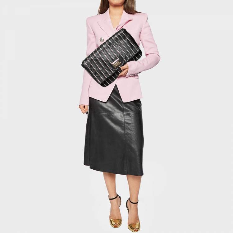 Pre Owned Dolce & Gabbana Black/Gold Striped Leather Large Miss Lexington Flap Clutch