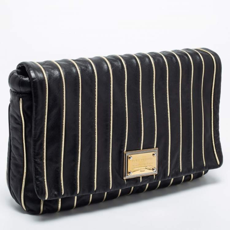 Pre Owned Dolce & Gabbana Black/Gold Striped Leather Large Miss Lexington Flap Clutch