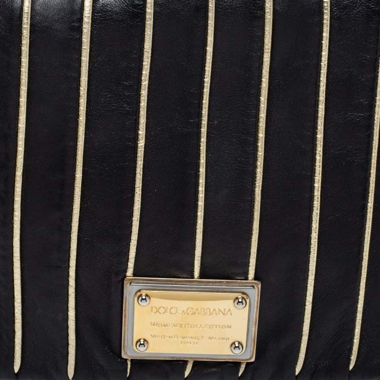 Pre Owned Dolce & Gabbana Black/Gold Striped Leather Large Miss Lexington Flap Clutch