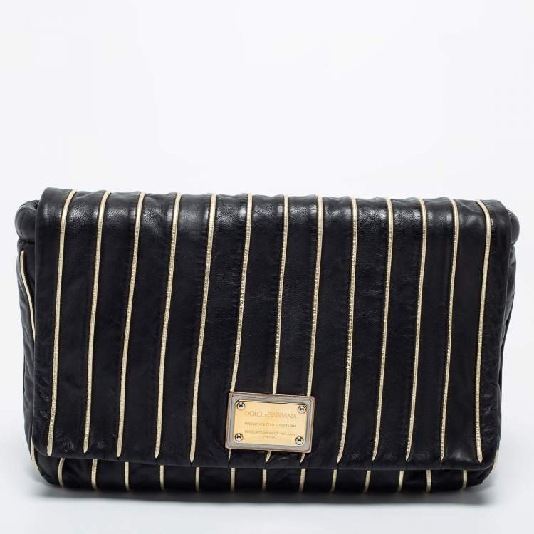 Pre Owned Dolce & Gabbana Black/Gold Striped Leather Large Miss Lexington Flap Clutch