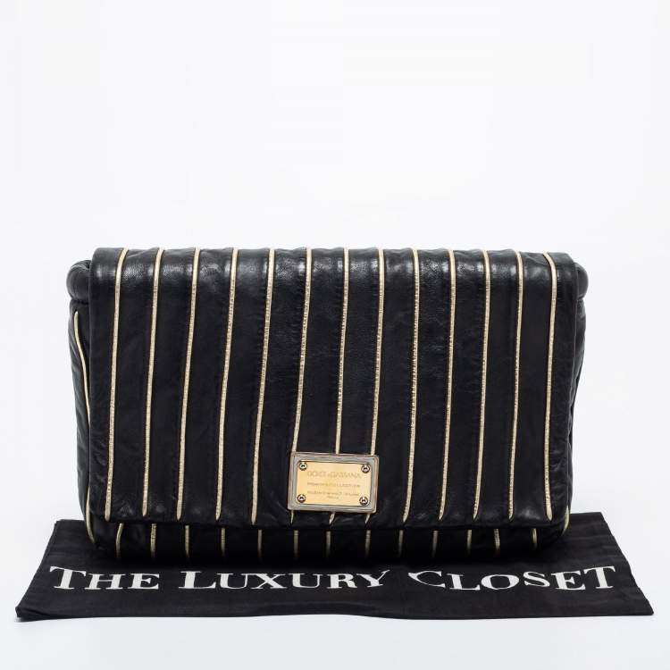 Pre Owned Dolce & Gabbana Black/Gold Striped Leather Large Miss Lexington Flap Clutch