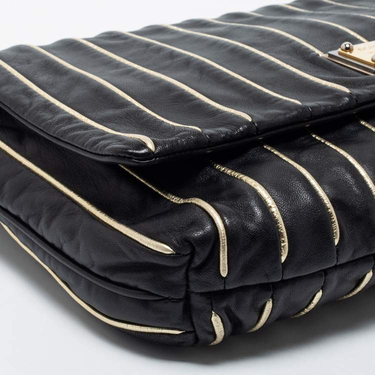 Pre Owned Dolce & Gabbana Black/Gold Striped Leather Large Miss Lexington Flap Clutch