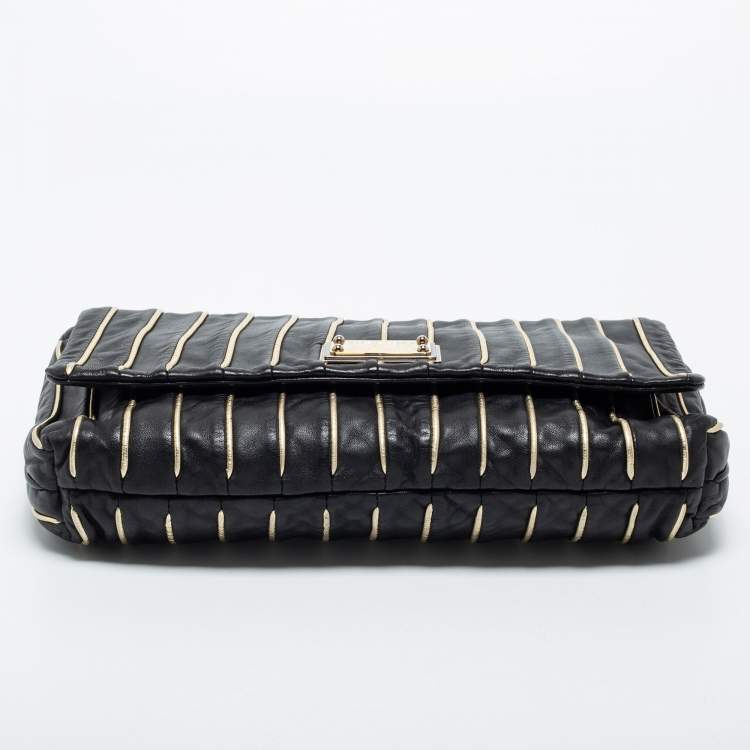 Pre Owned Dolce & Gabbana Black/Gold Striped Leather Large Miss Lexington Flap Clutch
