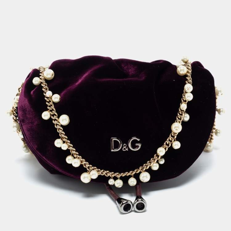 Pre Owned D&G Burgundy Velvet Drawstring Pearl Chain Shoulder Bag