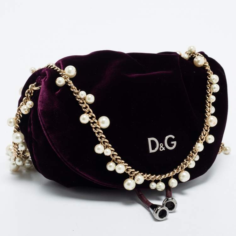 Pre Owned D&G Burgundy Velvet Drawstring Pearl Chain Shoulder Bag