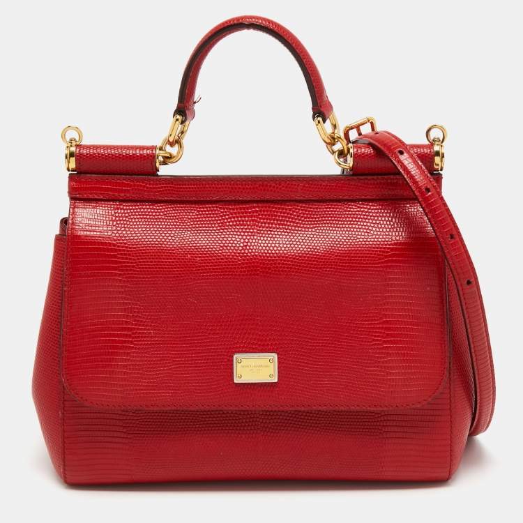 Pre Owned Dolce & Gabbana Red Lizard Embossed Leather Medium Miss Sicily Top Handle Bag