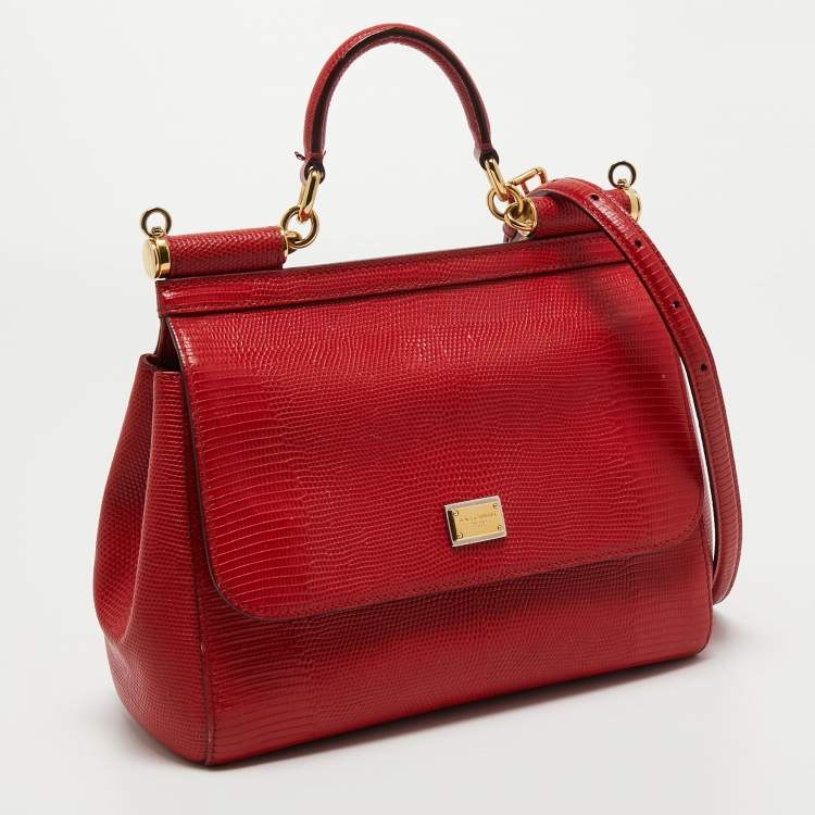Pre Owned Dolce & Gabbana Red Lizard Embossed Leather Medium Miss Sicily Top Handle Bag