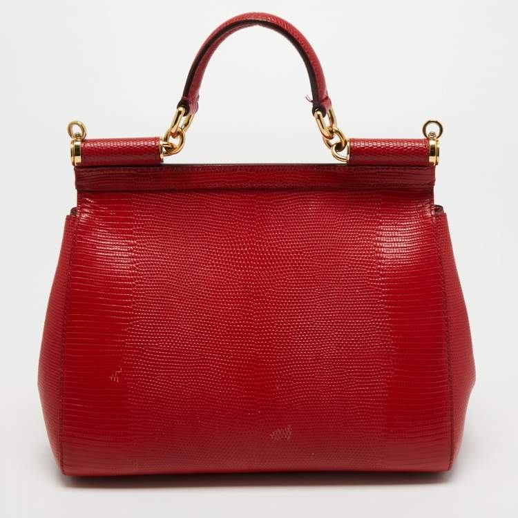Pre Owned Dolce & Gabbana Red Lizard Embossed Leather Medium Miss Sicily Top Handle Bag