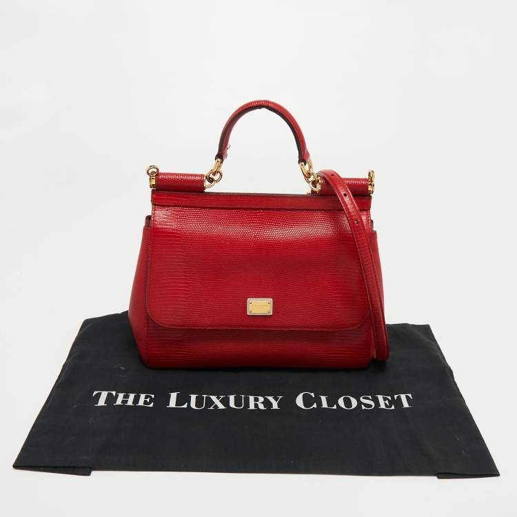 Pre Owned Dolce & Gabbana Red Lizard Embossed Leather Medium Miss Sicily Top Handle Bag