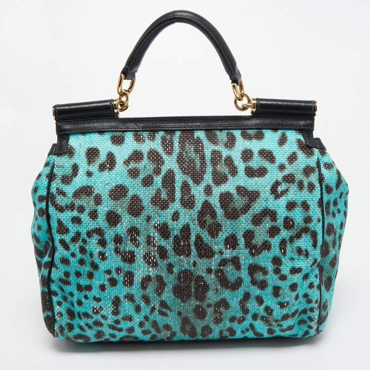 Pre Owned Dolce & Gabbana Blue/Brown Leopard Print Raffia Large Miss Sicily Top Handle Bag
