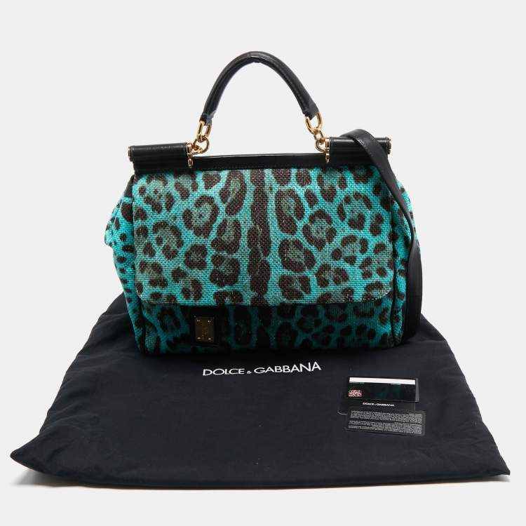 Pre Owned Dolce & Gabbana Blue/Brown Leopard Print Raffia Large Miss Sicily Top Handle Bag