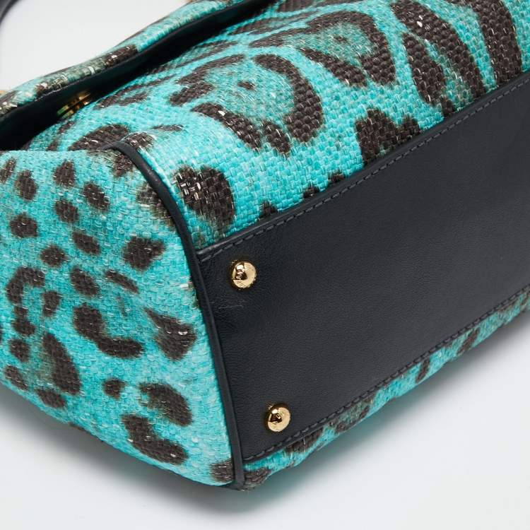 Pre Owned Dolce & Gabbana Blue/Brown Leopard Print Raffia Large Miss Sicily Top Handle Bag