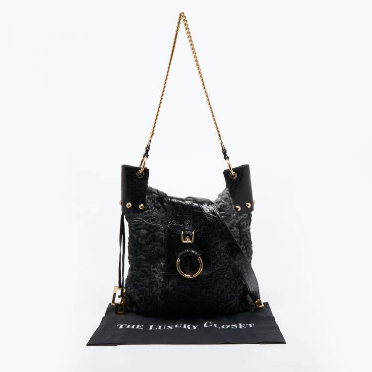 Pre Owned Dolce & Gabbana  Black/Grey Embossed Leather and Fur Tote