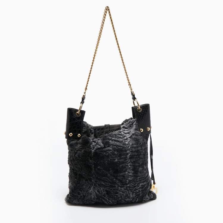 Pre Owned Dolce & Gabbana  Black/Grey Embossed Leather and Fur Tote
