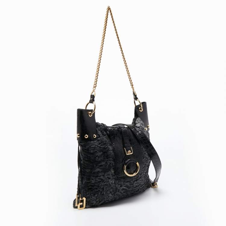 Pre Owned Dolce & Gabbana  Black/Grey Embossed Leather and Fur Tote