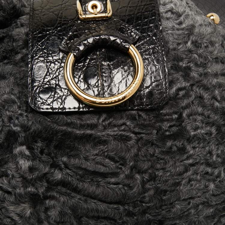Pre Owned Dolce & Gabbana  Black/Grey Embossed Leather and Fur Tote
