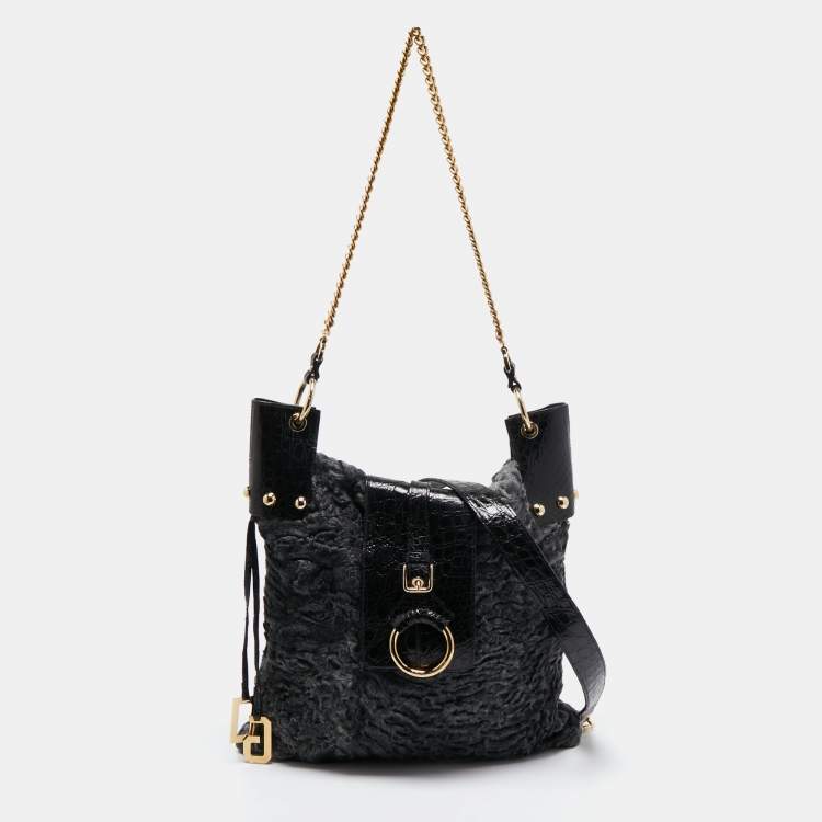 Pre Owned Dolce & Gabbana  Black/Grey Embossed Leather and Fur Tote