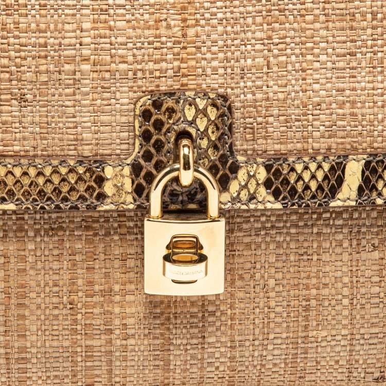Pre Owned Dolce & Gabbana Beige Raffia and Python Leather Miss Dolce Top Handle Bag