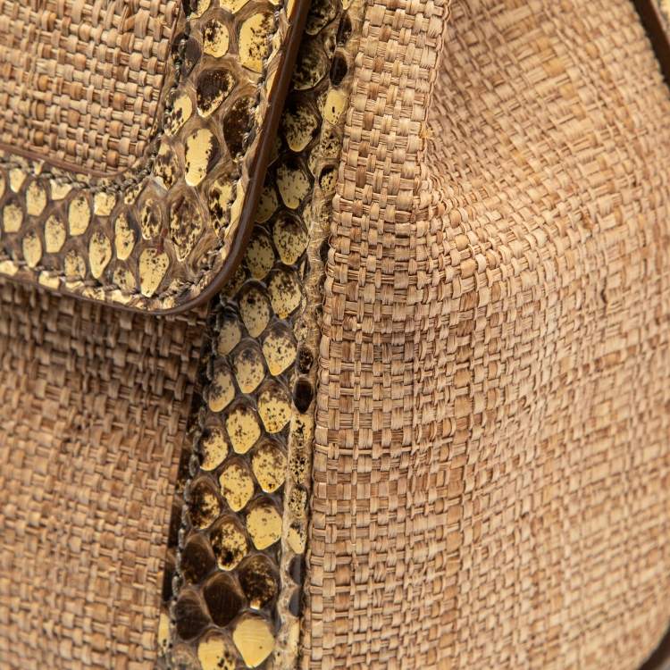 Pre Owned Dolce & Gabbana Beige Raffia and Python Leather Miss Dolce Top Handle Bag