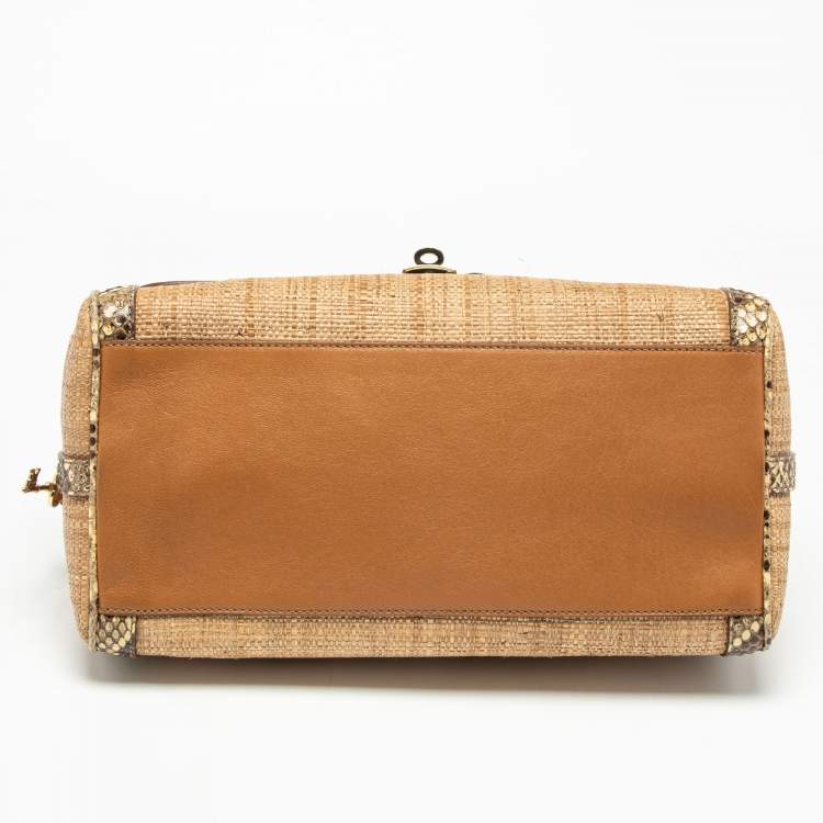 Pre Owned Dolce & Gabbana Beige Raffia and Python Leather Miss Dolce Top Handle Bag