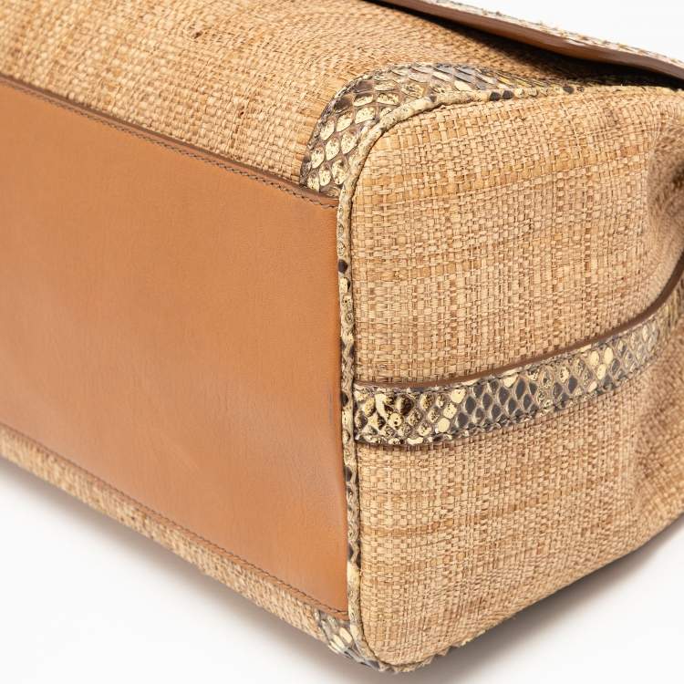 Pre Owned Dolce & Gabbana Beige Raffia and Python Leather Miss Dolce Top Handle Bag