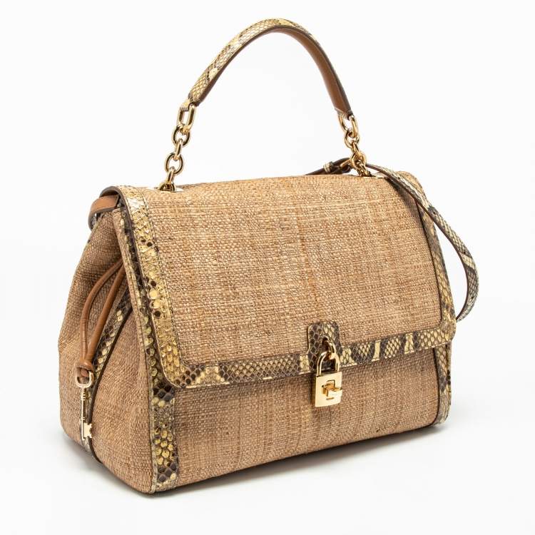 Pre Owned Dolce & Gabbana Beige Raffia and Python Leather Miss Dolce Top Handle Bag