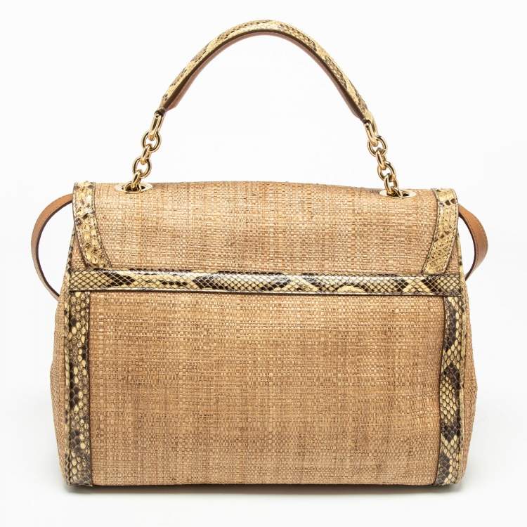 Pre Owned Dolce & Gabbana Beige Raffia and Python Leather Miss Dolce Top Handle Bag