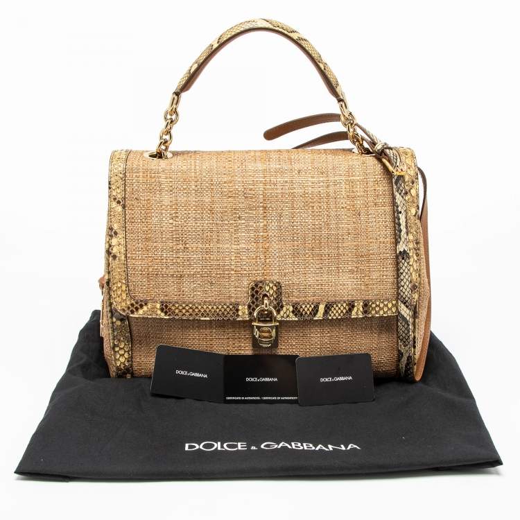 Pre Owned Dolce & Gabbana Beige Raffia and Python Leather Miss Dolce Top Handle Bag