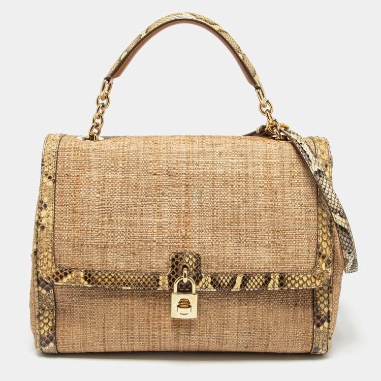 Pre Owned Dolce & Gabbana Beige Raffia and Python Leather Miss Dolce Top Handle Bag
