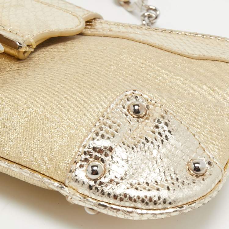 Pre Owned Dolce & Gabbana Gold Snakeskin Glossy Leather and Fabric DG Logo Baguette Bag