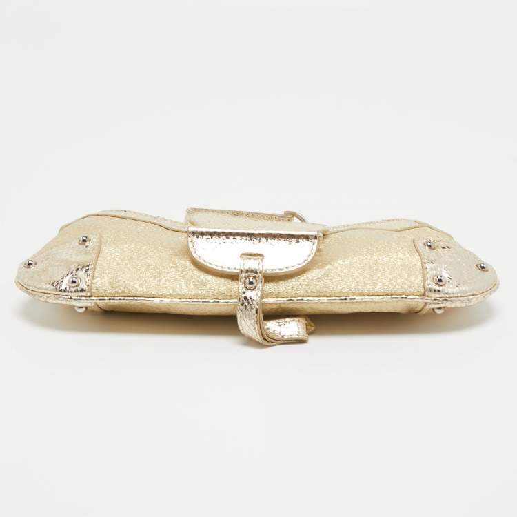 Pre Owned Dolce & Gabbana Gold Snakeskin Glossy Leather and Fabric DG Logo Baguette Bag