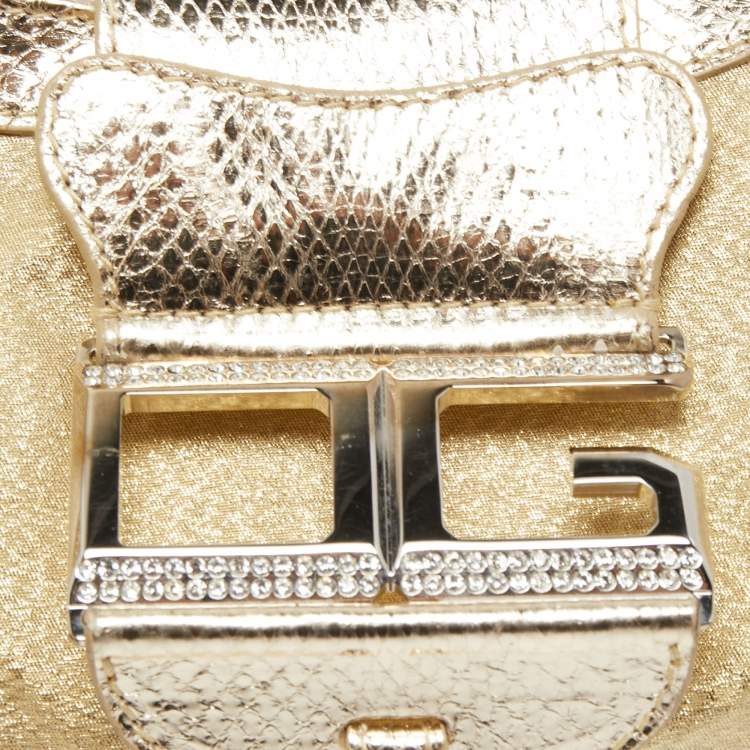 Pre Owned Dolce & Gabbana Gold Snakeskin Glossy Leather and Fabric DG Logo Baguette Bag